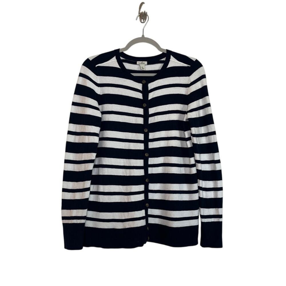 L.L.Bean Womens Cotton Cashmere Navy White Striped Cardigan Sweater Size Small
